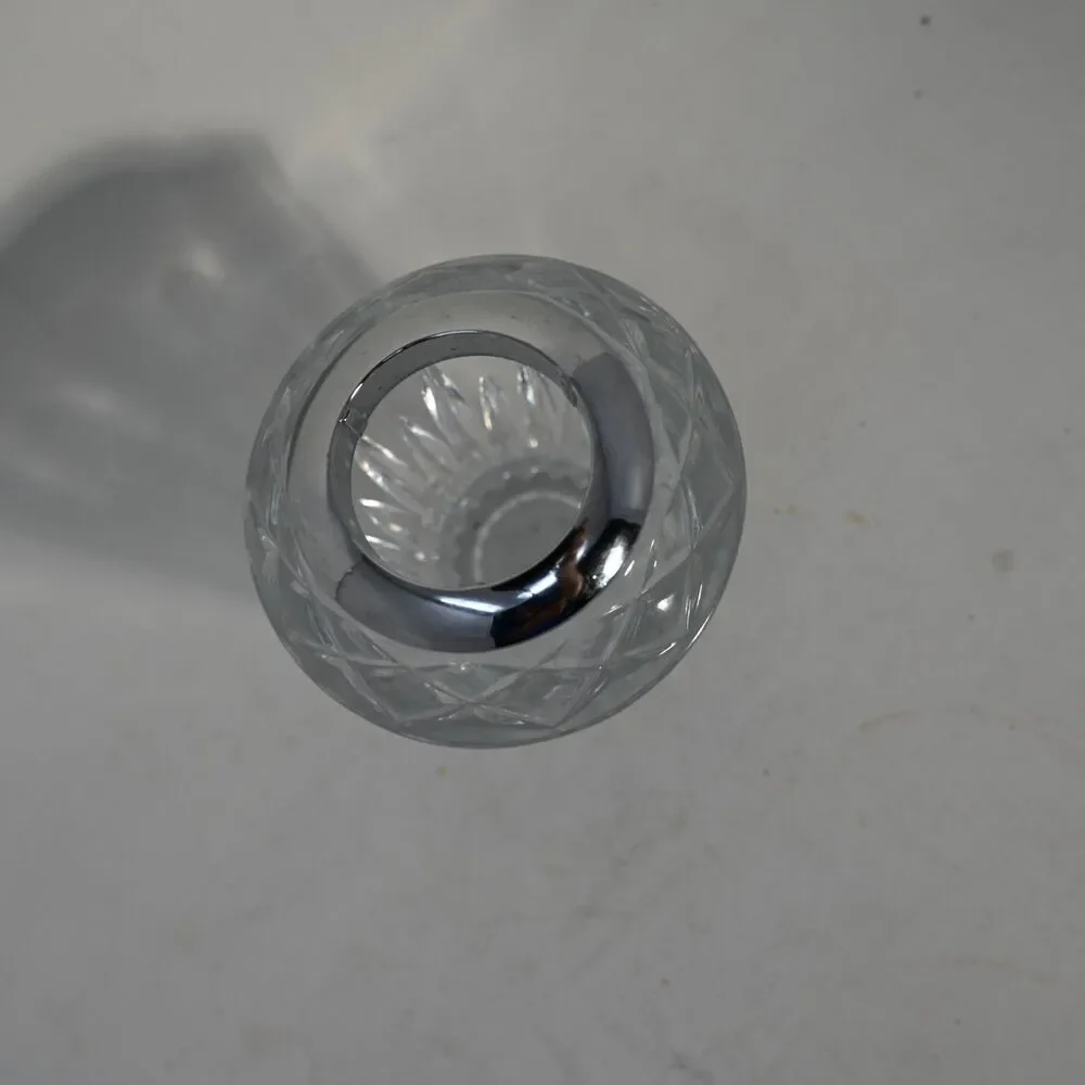 Vintage Cut Crystal Bud Vase Chrome Rim Heavy Glass 4